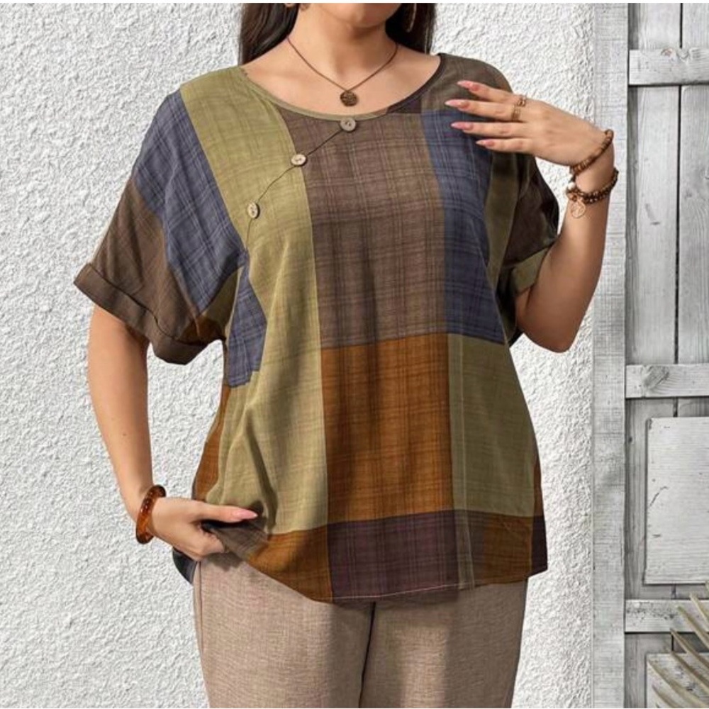 Chic Patchwork Women's Blouse - Green, Brown, Blue